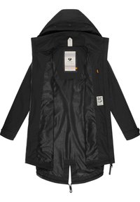 Veste noire imperméable avec capuche, fermeture éclair et doublure intérieure à motif. Comprend des logos brodés et des poches latérales.