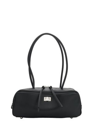 Black rectangular handbag with long double handles, silver turn-lock clasp, and zipper pull details on a white background.
