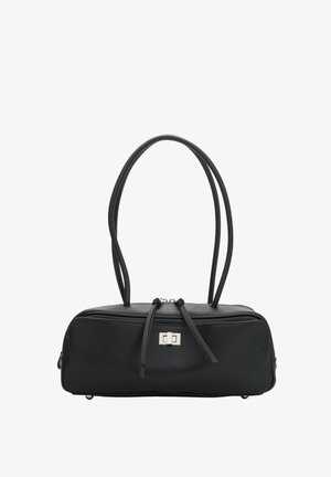 Black rectangular handbag with long double handles, silver turn-lock clasp, and zipper pull details on a white background.