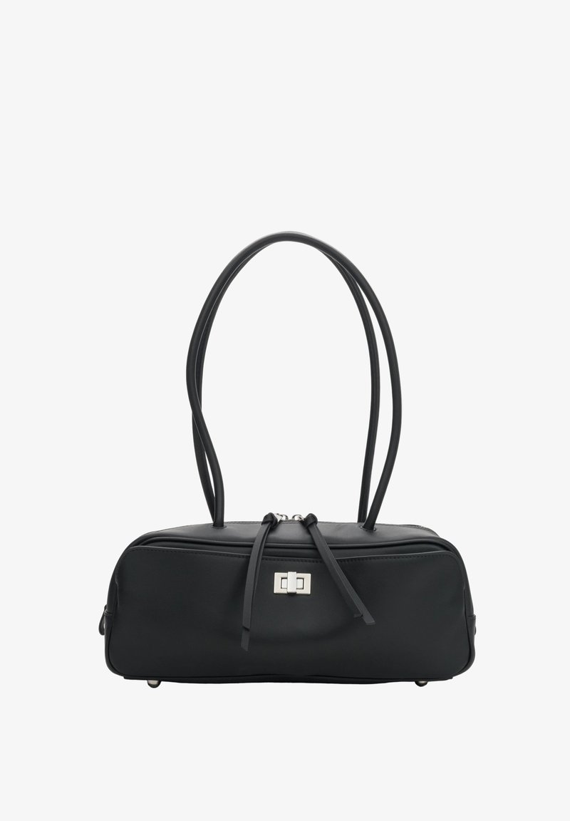 Sac à main rectangulaire noir avec longues anses doubles, fermoir tournant argenté et détails de tirette de fermeture éclair sur fond blanc.
