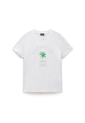 T-shirt in cotone bianco con colletto a girocollo, maniche corte e stampa grafica di una palma con il testo "NAPAPIJRI RIVIERA LIFESTYLE".
