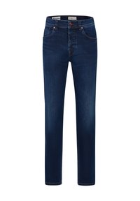 Dunkelblaue Jeans aus Denim mit geradem Schnitt, Fünf-Taschen-Design und Knopfverschluss. Verfügt über dezente Nähte und eine glatte Textur.