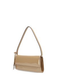 Beige patent leather shoulder bag with slim adjustable strap and silver hardware on white background.