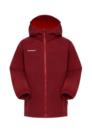 Giacca softshell rossa con cappuccio, caratterizzata da polsini elastici, chiusura con zip e logo "Mammut" sul petto. Tessuto liscio.