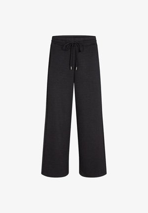 Black wide-leg pants made from soft fabric, featuring an elastic waistband with drawstring, and subtle side seam detailing.