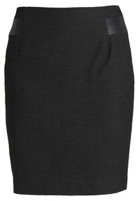 Svart blyertskjol i en texturerad tyg med en slät midja i svart läder. Snygg design, knälång. Inga synliga mönster.