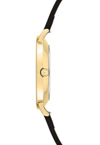 Goldfarbene Uhr mit einem glatten, runden Gehäuse, einem weißen Zifferblatt und einem schlanken schwarzen Lederarmband. Sie hat ein minimalistisches Design mit einem Druckknopf.