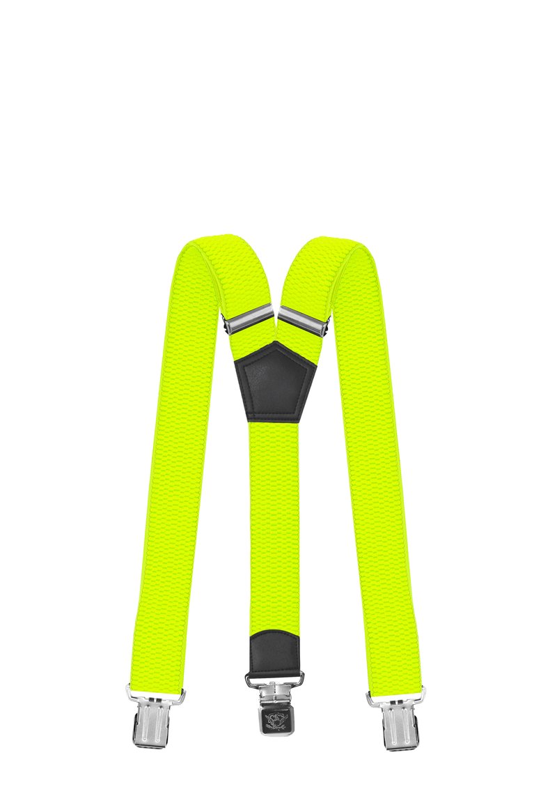 Helle gelbe elastische Hosenträger mit einer strukturierten Oberfläche, ausgestattet mit Metallclips und einem schwarzen Lederakzent auf der Rückseite für Stabilität.