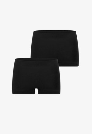 Black cotton boxer shorts in a smooth, stretchy fabric. Features a wide, elastic waistband and a mid-thigh cut. Two pairs included.