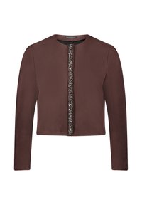 Brązowa krótka kurtka z długimi rękawami, z dekoracyjnym zapięciem z koralików z przodu i gładką fakturą.