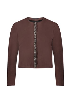 Brązowa krótka kurtka z długimi rękawami, z dekoracyjnym zapięciem z koralików z przodu i gładką fakturą.