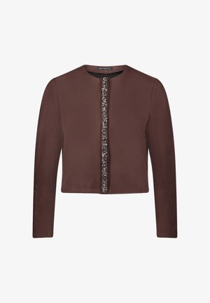 Brązowa krótka kurtka z długimi rękawami, z dekoracyjnym zapięciem z koralików z przodu i gładką fakturą.