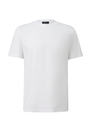 Maglietta bianca a maniche corte con scollo tondo, mostrata su uno sfondo bianco, vista frontale con etichetta del marchio nera all'interno del colletto.