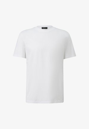 Plain white short-sleeve crew neck T-shirt displayed against a white background, showing front view and black brand label inside collar.