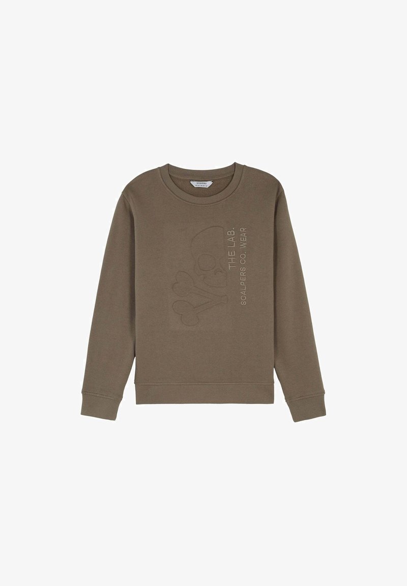 Felpa verde oliva realizzata in morbido tessuto, con scollatura a girocollo, maniche lunghe e dettagli grafici impressi nella parte anteriore.