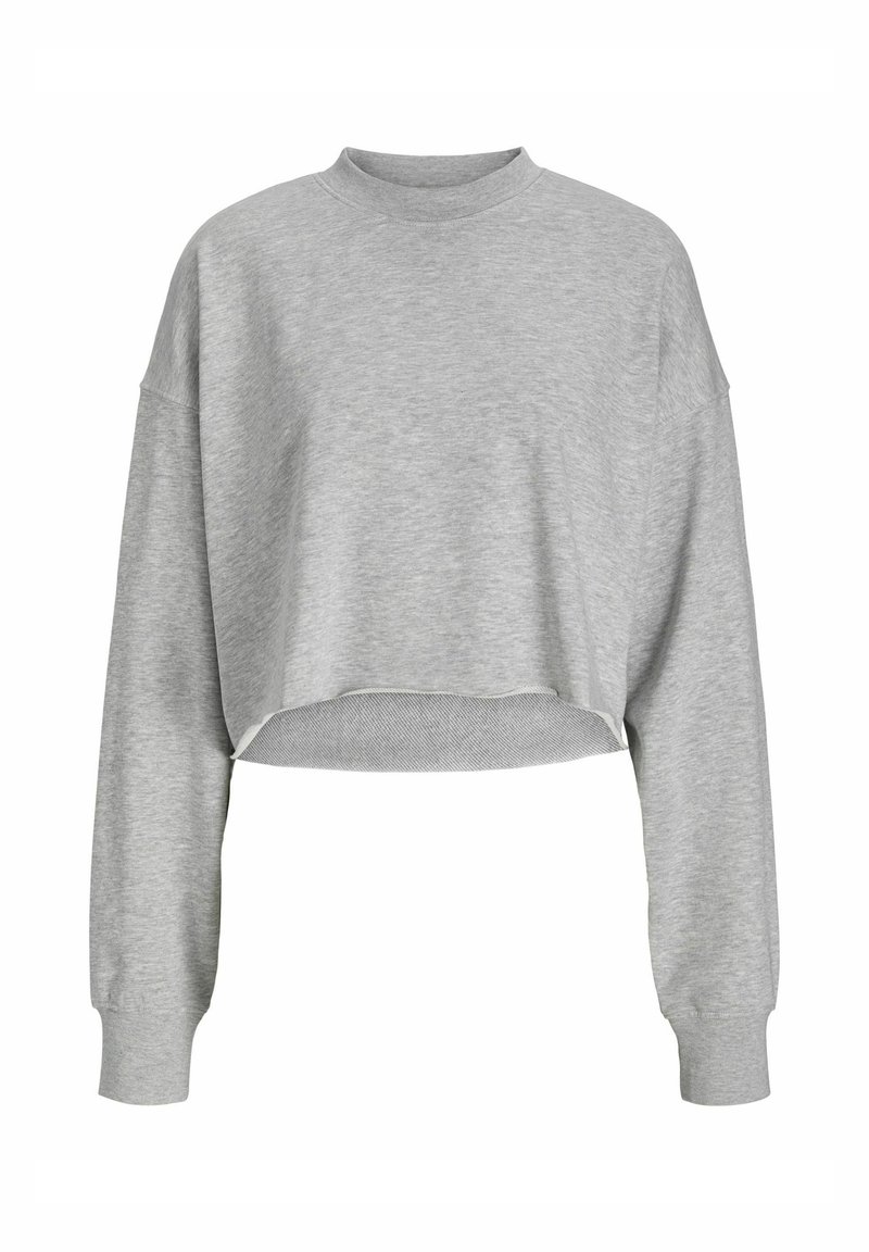 Sudadera gris cortada con mangas largas, cuello redondo y textura suave. Presenta un dobladillo sin rematar y un ajuste relajado para mayor comodidad.