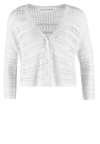 Cardigan court en crochet blanc avec manches longues, col en V et fermeture à boutons sur le devant.