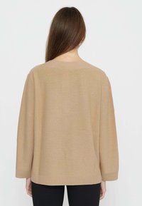 Beiger Strickpullover mit langen Ärmeln und lockerem Schnitt. Verfügt über einen dezenten Schimmer und gerippte Saumdetails. Rückansicht gezeigt.