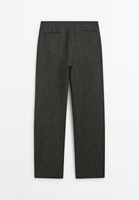 Harmaat räätälöidyt housut, joissa on hienostunut rakenne, suora lahje ja kaksi takataskua. Ominaisuuksiin kuuluu vyötärö, joka sopii muodolliseen ilmeeseen.