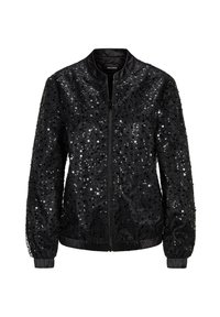 Veste bomber noire ornée de sequins, avec fermeture éclair à l'avant, poignets côtelés et texture de tissu lisse. Design athlétique classique avec des embellissements.