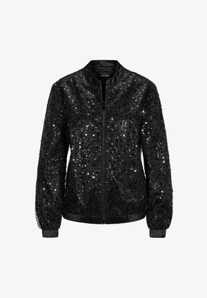 Zwarte bomberjack bedekt met sequins, voorzien van een ritssluiting aan de voorkant, geribbelde mouwen en een gladde stoftextuur. Klassiek atletisch ontwerp met versieringen.
