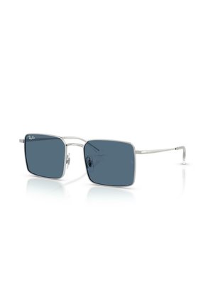 Neliönmuotoiset tummansiniset linssit ohuella hopeisella metallikehyksellä ja nenätyynyillä, Ray-Ban-logo vasemman linssin kulmassa ja oikean linssin keskellä.