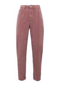 Samtstoffhose in staubrosa mit geradem Schnitt, hoher Taille und subtiler vertikaler Rippstruktur. Mit einem Knopfverschluss vorne.