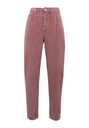 Samtstoffhose in staubrosa mit geradem Schnitt, hoher Taille und subtiler vertikaler Rippstruktur. Mit einem Knopfverschluss vorne.