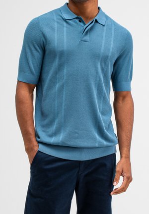 Korte mouwen polo in gestructureerde blauwe tricotstof, met een klassieke kraag, een placket met twee knopen en ribgebreide manchetten en zoomdetails.
