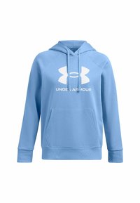 Felpa con cappuccio di colore azzurro chiaro realizzata in tessuto morbido, presenta una tasca frontale e un grande logo bianco. Le maniche a raglan aumentano il comfort.