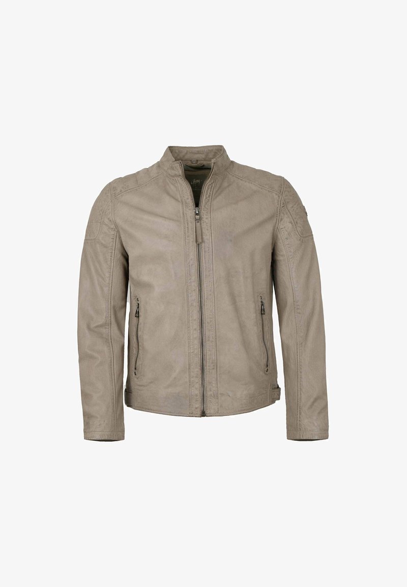 Chaqueta de cuero beige para hombre con cuello alto, cierre frontal con cremallera, dos bolsillos laterales con cremallera y un sutil detalle texturizado en el material.