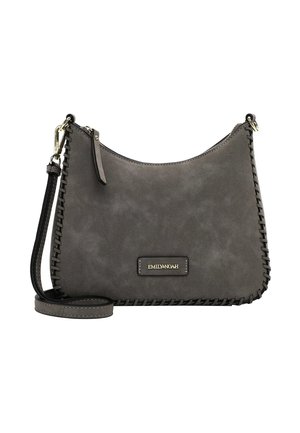Gray synthetic crossbody bag with a curved shape, stitched detailing along the edges, and a gold logo plaque. Features a detachable strap.