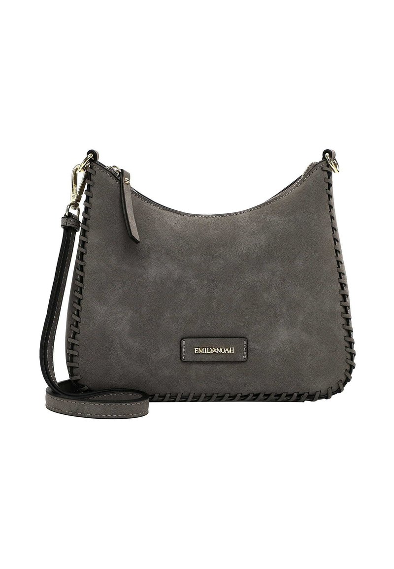 Gray synthetic crossbody bag with a curved shape, stitched detailing along the edges, and a gold logo plaque. Features a detachable strap.