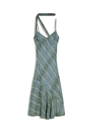 Robe sans manches à rayures vertes et bleu clair avec ourlet asymétrique et détail col halter, posée à plat sur un fond blanc.