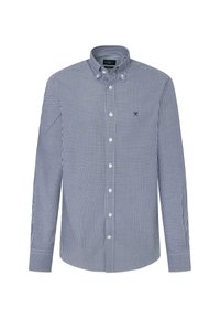 Long-sleeve button-up shirt in a navy and white checkered pattern. Features a button-down collar, soft fabric, and a chest pocket.