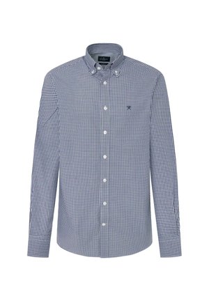 Camicia a maniche lunghe con bottoni in un motivo a quadretti blu navy e bianco. Presenta un colletto button-down, tessuto morbido e una tasca sul petto.