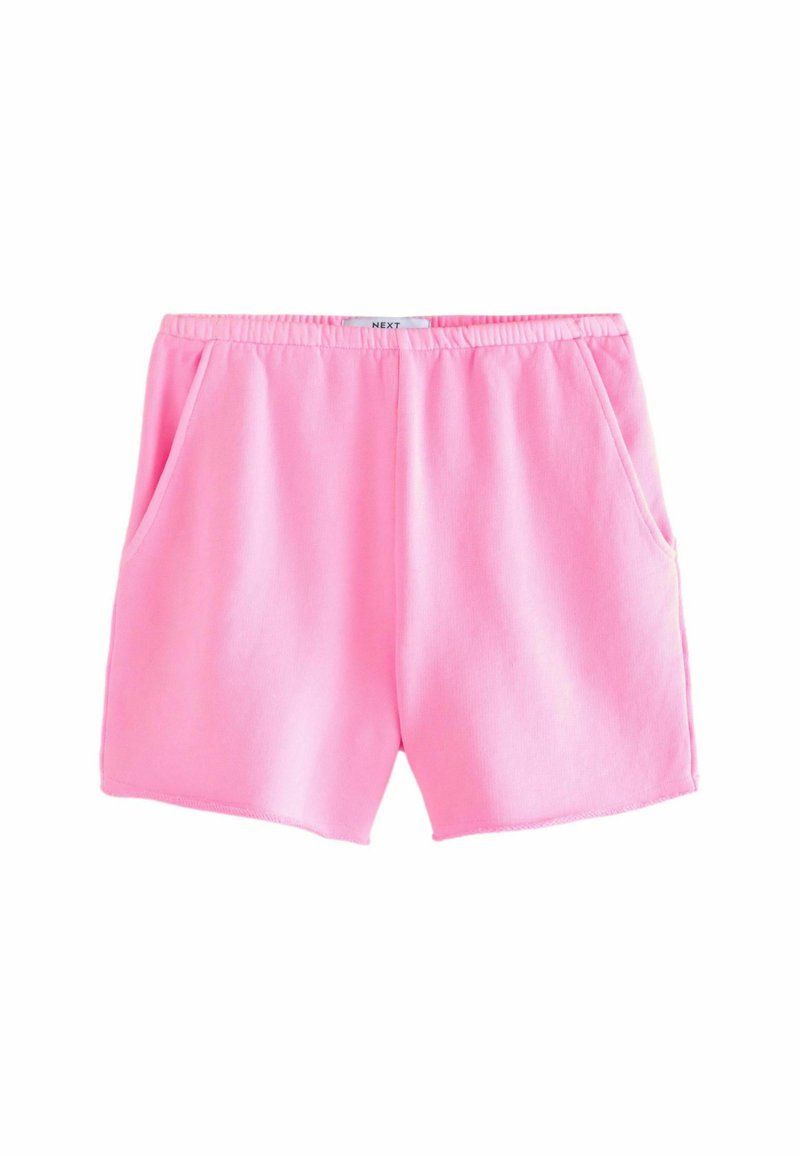 Shorts roses en matériau doux avec une taille élastique et deux poches latérales. Offrent une coupe décontractée et relaxée ainsi qu'une texture lisse.