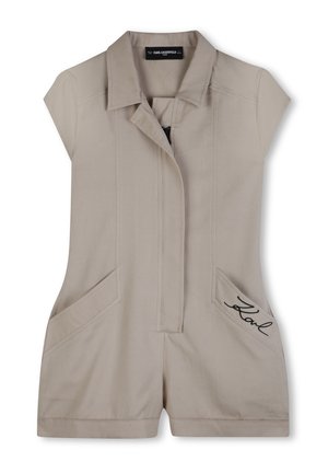 Combinaison beige à manches courtes, col, fermeture éclair et deux poches avant. Présente le nom "Karl" brodé en noir sur la poche droite.