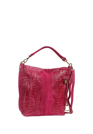 Bright pink handbag with crocodile texture, single top handle, adjustable shoulder strap, and small lock detail on front.