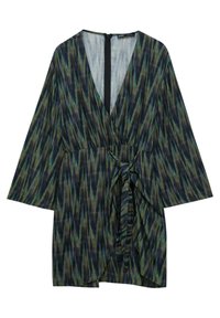 Omslagklänning med djup V-ringning, lösa ärmar och ett knytband i midjan. Har ett blå-grönt zigzag-mönster på ett texturerat tyg.