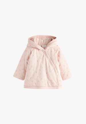 Giacca con cappuccio rosa in tessuto morbido, caratterizzata da piccoli motivi floreali, chiusure a scatto e un design accogliente adatto per i neonati.