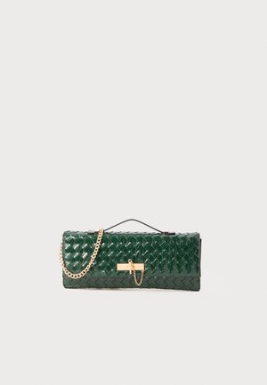 Green leather clutch bag with a woven texture, gold chain strap, and clasp closure. Rectangular shape with a smooth finish.