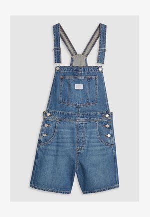 Denim overalls med seler, med en brystlomme, to frontlommer og metalknaplukninger. Lyseblåt, struktureret stof.