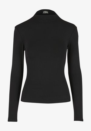 Cămașă neagră cu mâneci lungi dintr-un material moale, având un design ajustat, guler înalt și textură netedă, fără modele sau accente vizibile.