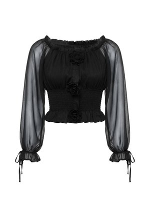 Blusa nera trasparente a maniche lunghe con vita arricciata, scollo off-shoulder, applicazioni floreali sul davanti e dettagli con laccetti ai polsini.