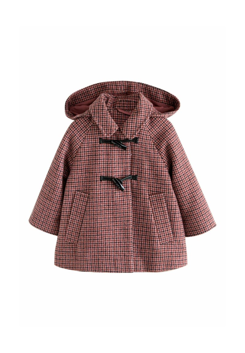 Roosuhtega houndstooth-muster  roosa ja musta värviga mantel, millel on kapuuts, klõpsuga kinnitused ja kaks esist pocketit; valmistatud tekstureeritud kangast.