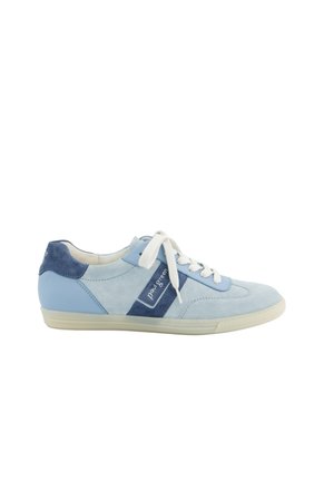 Light blue sneaker with a mix of suede and leather textures, white laces, and a darker blue design accent on the side. Rubber sole.