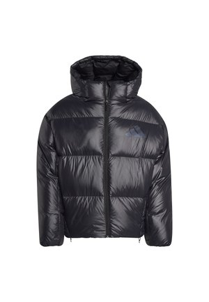 Black shiny puffer jacket with hood, full front zipper, and subtle logo on chest, designed for cold weather.