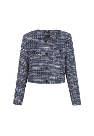 Veste cropped en tissu tweed bleu et blanc, avec des manches longues, un col rond et six boutons noirs sur le devant.