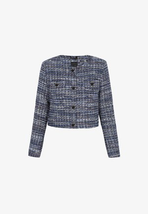 Gekorte jas van blauw en wit tweedmateriaal, met lange mouwen, een ronde halslijn en zes zwarte knopen aan de voorkant.